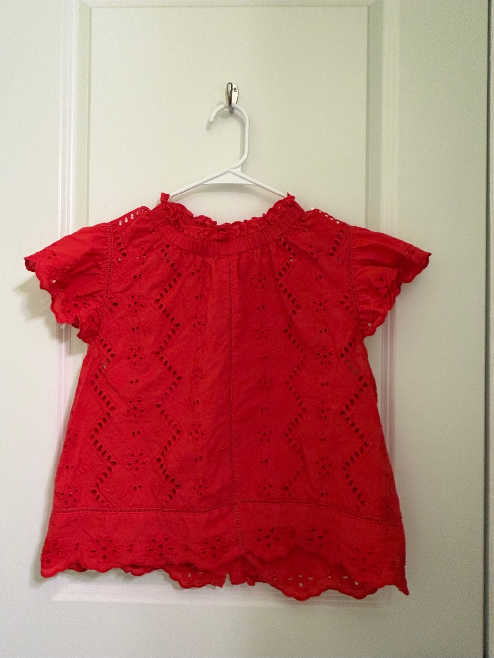 Red Eyelet Ruffle Neck Blouse